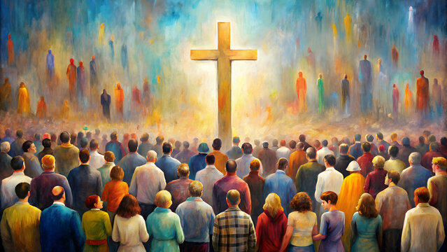 Modern painting of a crowd of people gathered around a Christian cross , religion, belief, faith, community