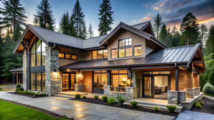 Fototapeta premium Rustic modern home with large windows, steel roof, and stone accents in the Pacific Northwest, rustic, modern