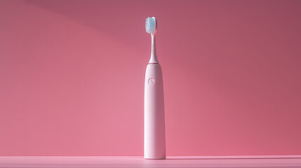 A white electric toothbrush stands out against a pink backdrop.  There's plenty of space to add a message about taking care of your teeth.