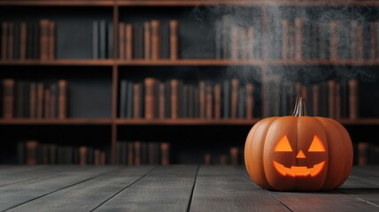 A Halloween library with floating books and enchanted shelves, creating a magical, eerie atmosphere for visitors, floating books Halloween library, mystical reading experience