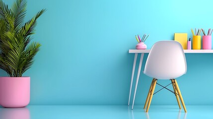 A minimalist home office, with a white chair and tropical plant, radiates calm and simplicity.