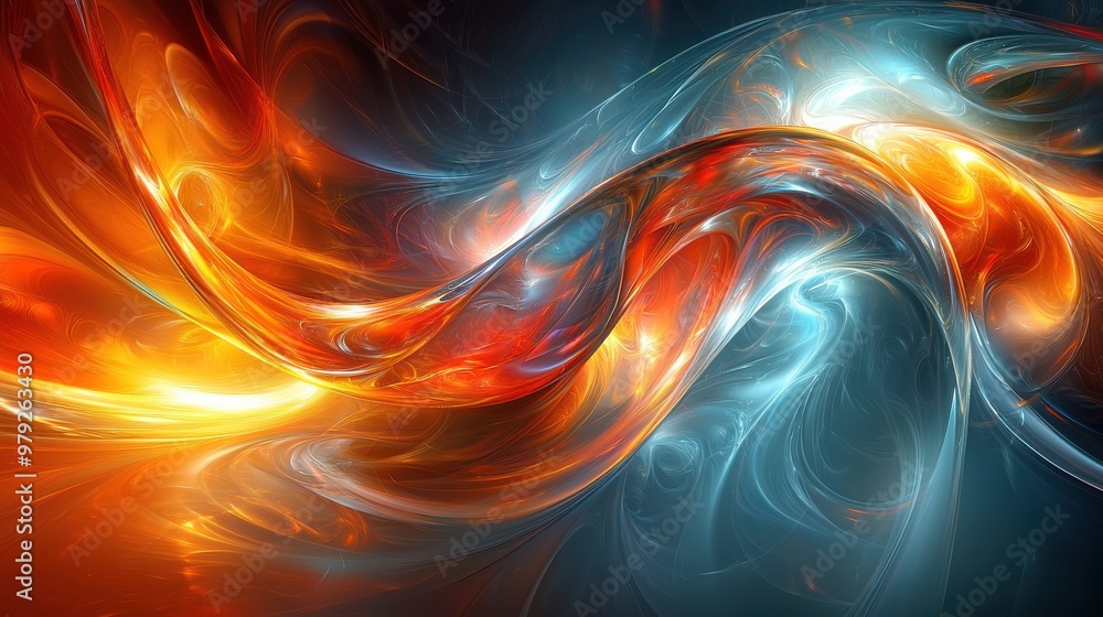 Poster abstract swirls of orange and blue light create a mesmerizing visual flow reminiscent of fire and wa