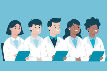 Five medical professionals in white lab coats sit together, holding clipboards and smiling, creating a positive and friendly atmosphere.