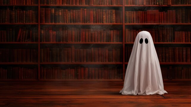 A haunted library featuring ghostly apparitions moving between the aisles of ancient, dusty books, haunted library Halloween setting, ghostly library ambiance