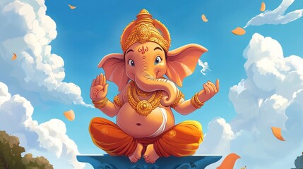 A cartoon-style illustration of Ganesh, with exaggerated features and a playful pose, perfect for a children's book cover