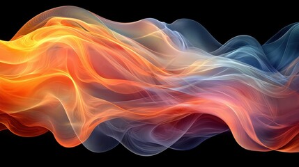 Obraz premium Colorful wave of swirling smoke abstract art flowing against a black background exhibiting vibrant orange and blue hues