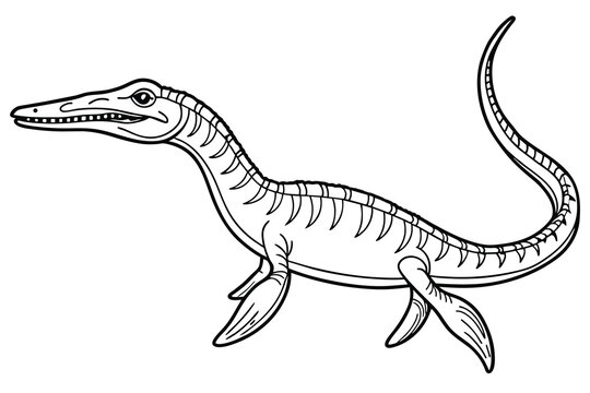 elasmosaurus dinosaur, black and white vector illustration