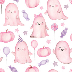 Watercolor vector pink Halloween seamless pattern. Hand drawn illustrations for kids. Cute cartoon character, ghost, pumpkin, sweets. Background for wallpaper, wrapping, textile and other.