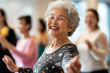 Fototapeta premium Smiling senior Asian woman dancing laughing person female.