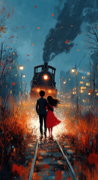 illustration, lok, zug, suicid, erwarten, g&auml;ste, mann, paar, p&auml;&auml;rchen, frau, feuer, halloween, leute, fantasie, nacht, krieger, dark, entsetzen, silhouette, black, gestalten, gefahr, person, musics