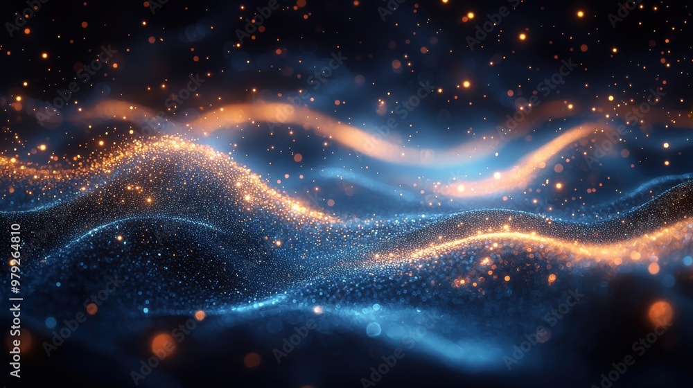 Poster illuminated waves of sparkling blue and orange light create a mesmerizing abstract design in a dark 