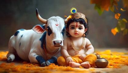 Cute baby Krishna sits next to a sacred cow Hindu god Lord Krishna with a calf. Krishna Janmashtami, Govardhan Puja, Vasubaras. Indian religious festival