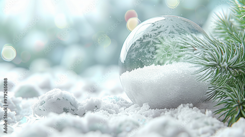 Poster frosted snow globe with pine needles in soft winter light..