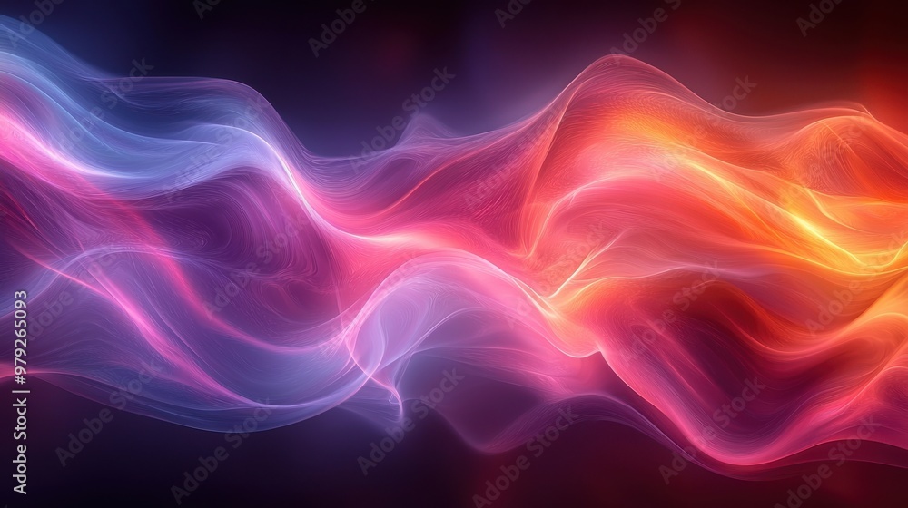 Poster colorful abstract waves of light swirl and blend in a fluid motion against a dark background, creati