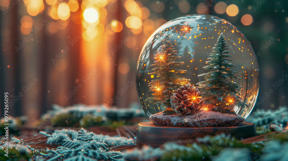 Poster magical snow globe with pine trees and glittering lights..