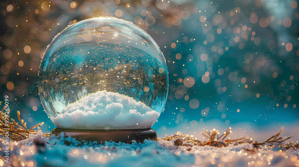 Poster illuminated snow globe in sparkling winter snowfall..