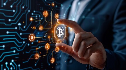 A hand holds a Bitcoin symbol, its digital network background highlighting the future of cryptocurrency.