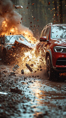 unfall, reifen, schmutz, schlamm, verkehrsunfall, auffahrunfall, blechschaden, kollision, auto, auto, automobile, automobil, road, last kraft wagen, transport, absturz, rad, unfall, schiffbruch, beför