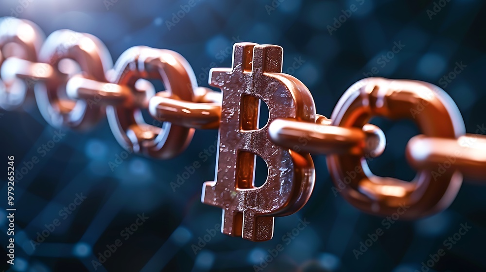 Poster a glowing chain link embodies the concept of bitcoin blockchain technology and cryptocurrency.