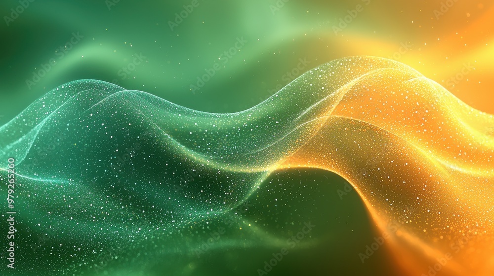 Poster flowing waves of green and orange light create a mesmerizing abstract pattern in a digital artwork