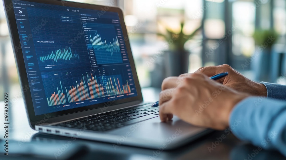 Aufkleber a close-up of a business development professional analyzing market data on a laptop, with graphs and