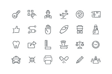 Airplane, Bacteria, Box package, Key security, Love talk, set of icons for web design, vector illustration