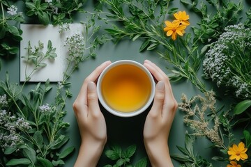 Hands holding a cup of herbal tea with fresh plants and flowers