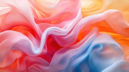 Obraz premium Soft silk fabric flowing gracefully in shades of pink, orange, and blue, creating a vibrant and dynamic visual texture