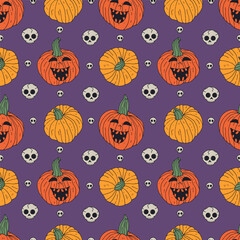 Seamless pattern with cute hand drawn Halloween jack-o-lantern pumpkins. Line art spooky repeat background.