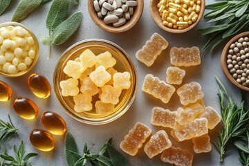 Vibrant gummy vitamins and herbal supplements arranged in a bowl