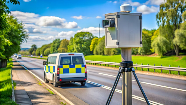 Police mobile speed camera parked on the side of the road monitoring traffic, police, speed camera, mobile, parked