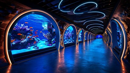 An underwater tunnel aquarium glows with neon lights, as fish swim in a mesmerizing dance.