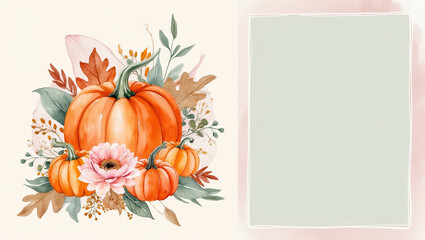 Naklejka premium A watercolor illustration of pumpkins with flowers and leaves, accompanied by a blank golden-framed space on a soft beige background, perfect for autumn-themed invitations or messages.