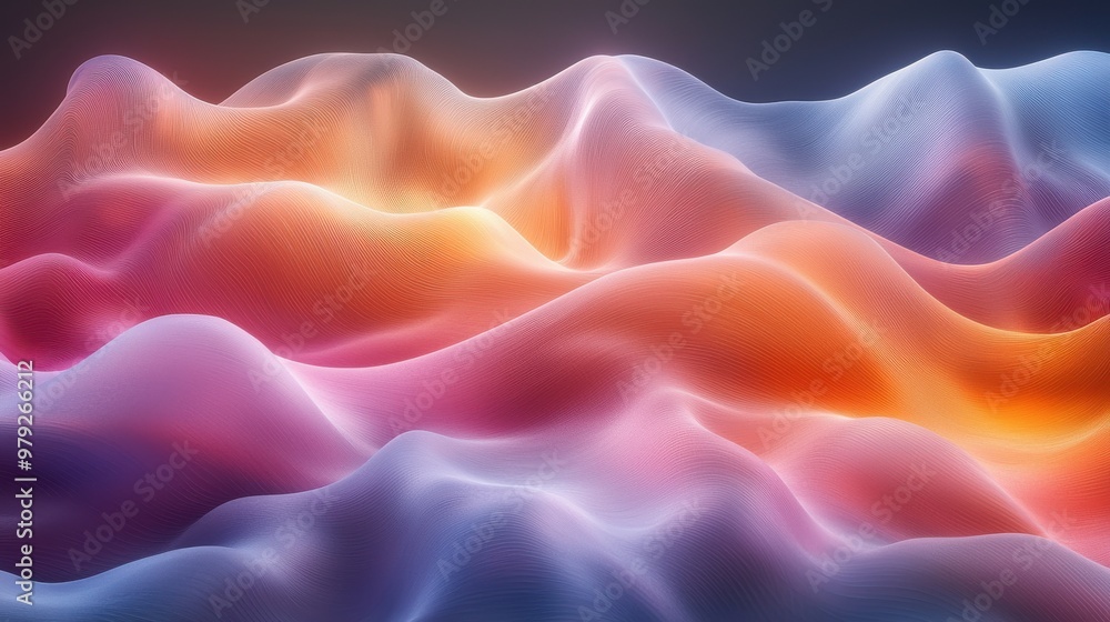 Poster colorful abstract waves undulate across a smooth surface, creating a serene and dreamy atmosphere at
