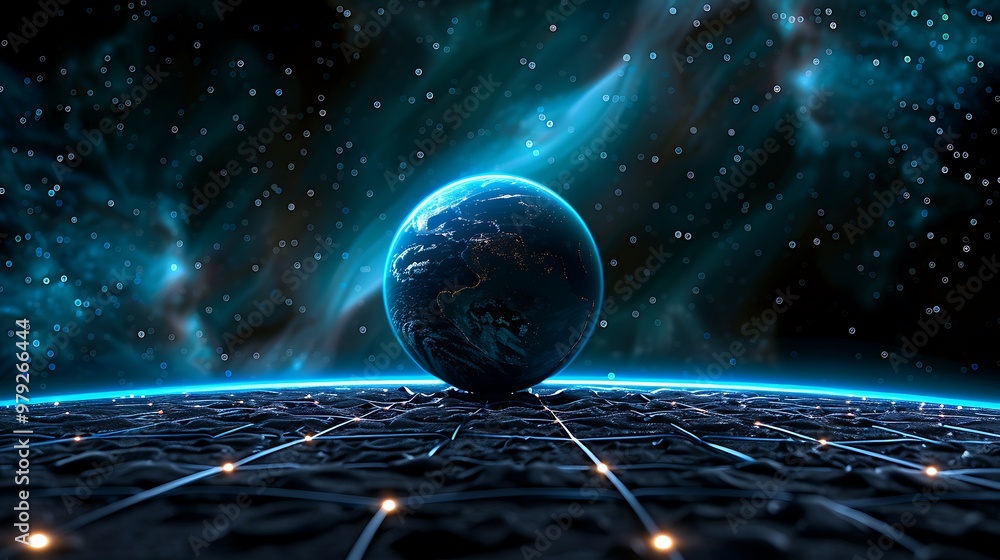 Poster earth floats in space, surrounded by a blue nebula and a network grid that connects the universe.
