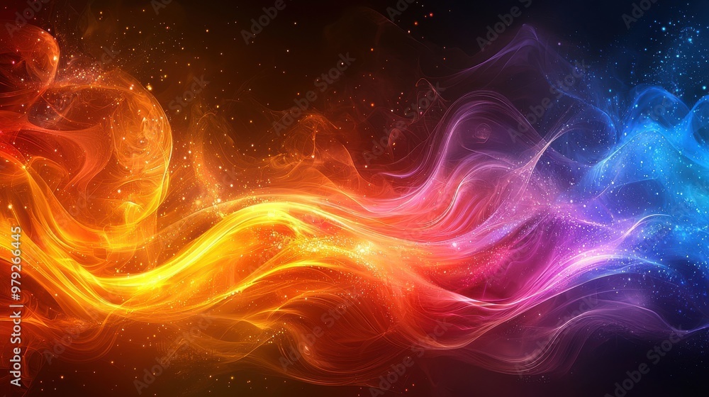 Poster vibrant abstract swirl of colors resembling cosmic energy flowing across a dark background in a dyna