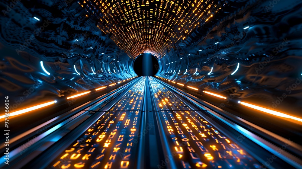 Poster a futuristic neon tunnel glows with digital code, drawing you deeper into its high-tech world.