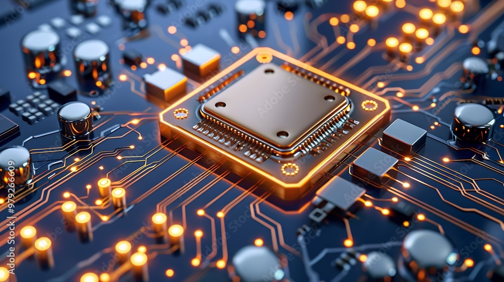 Poster a close-up view of a glowing circuit board reveals its intricate processor chip, alive with digital 