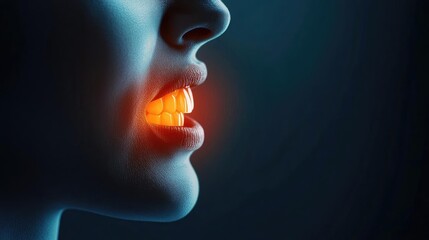 Obraz premium Close-up of a woman's mouth with glowing teeth against a dark background, highlighting dental radiant beauty and innovative technology.