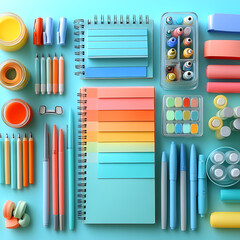 Fototapeta premium A flat lay of office supplies on a pastel background, including pens, notebooks 