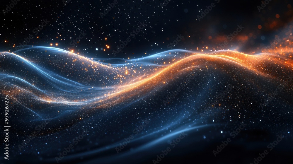 Poster a mesmerizing display of swirling blue and orange light waves shimmering in a dark space with sparkl
