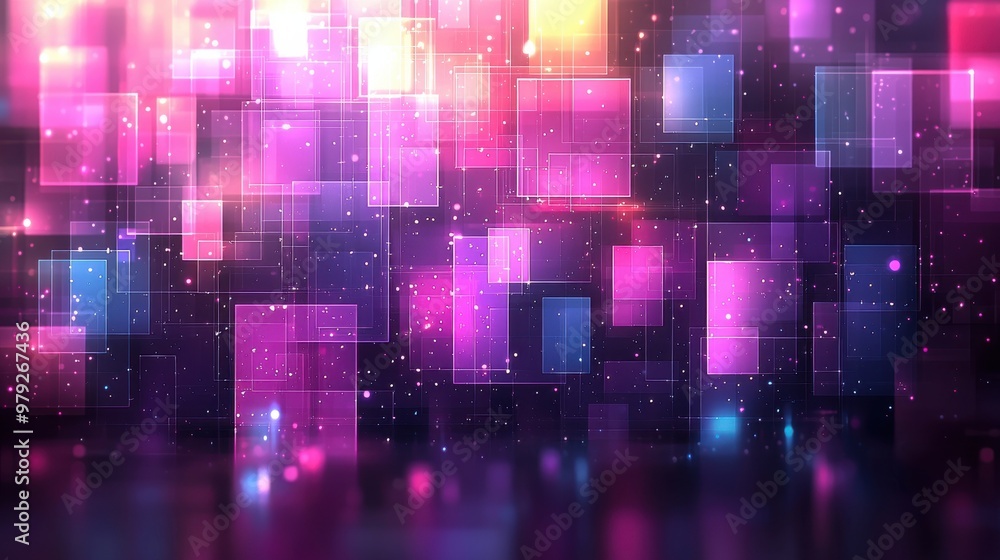 Poster abstract colorful geometric patterns with glowing squares against a dark background