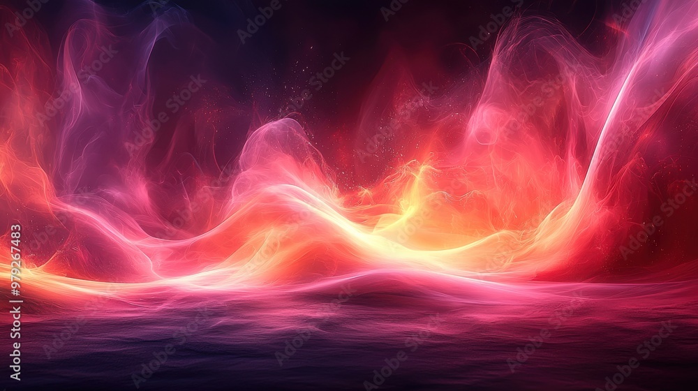 Poster vibrant and colorful abstract waves of light and smoke creating a mesmerizing visual display in a da