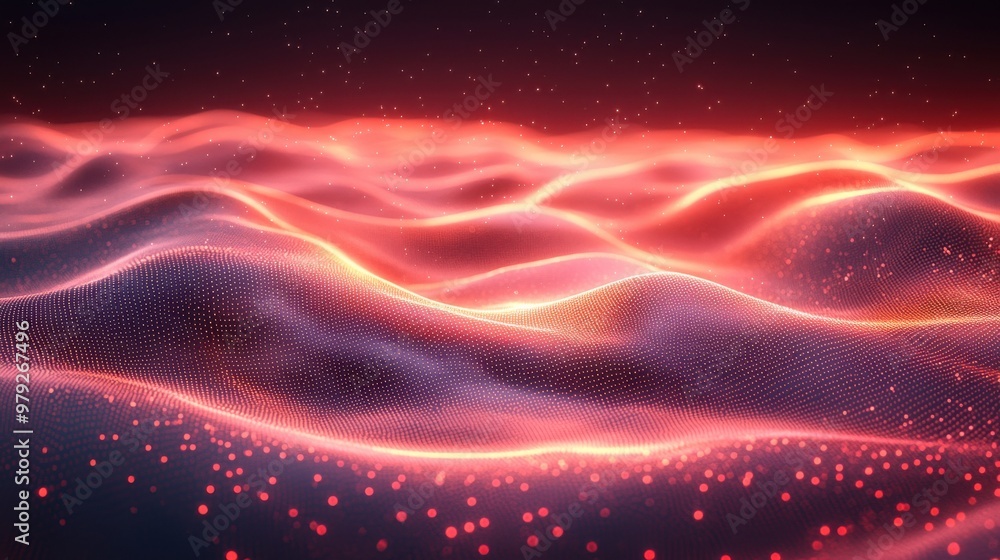Poster abstract red and purple digital wave patterns illuminated against a dark background showcasing depth