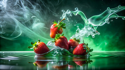 Creative splash of green water with strawberries and smoke in the background , green water, creative, splash, strawberries