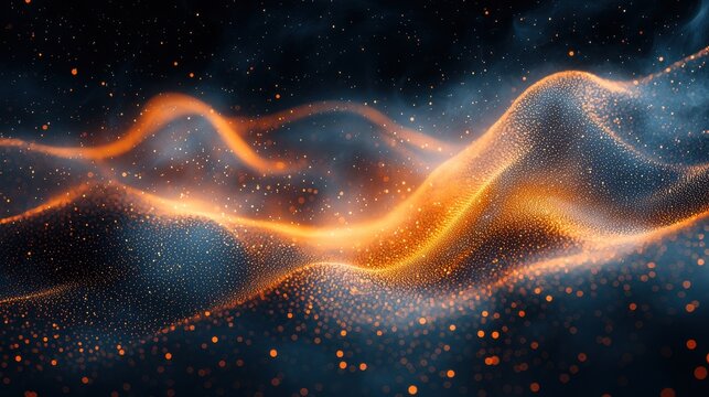 Vibrant swirls of orange and blue light create an abstract landscape resembling waves moving through darkness