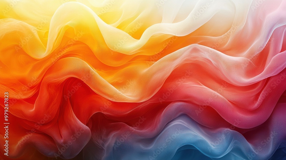Poster Flowing abstract waves of vibrant colors blend in a dynamic display of warm and cool tones with a smooth texture