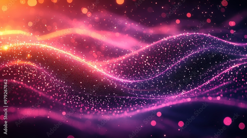 Poster colorful abstract wave patterns with glowing dots and shimmer on a dark background at night