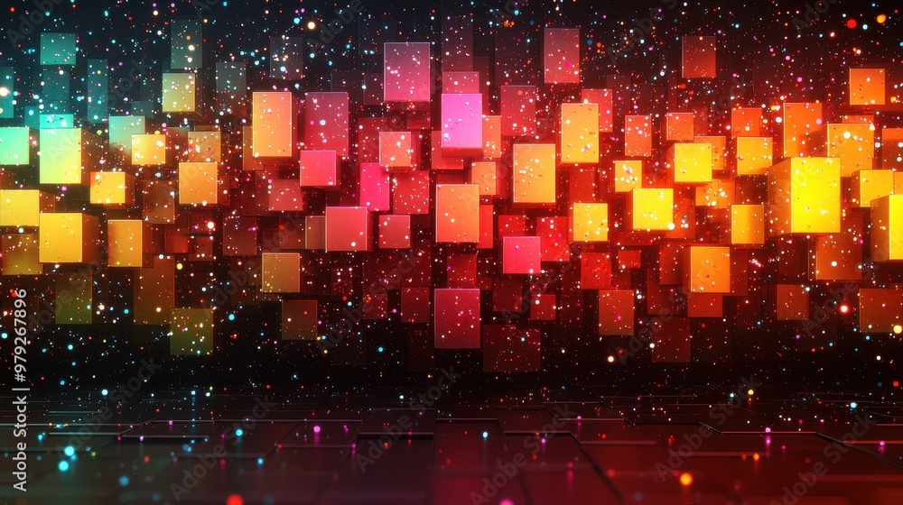 Poster colorful abstract background filled with glowing geometric shapes and particles creating a vibrant d