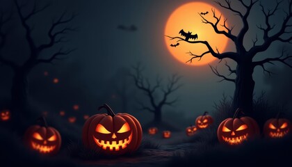 Eerie Halloween night with glowing jackolanterns and a full moon